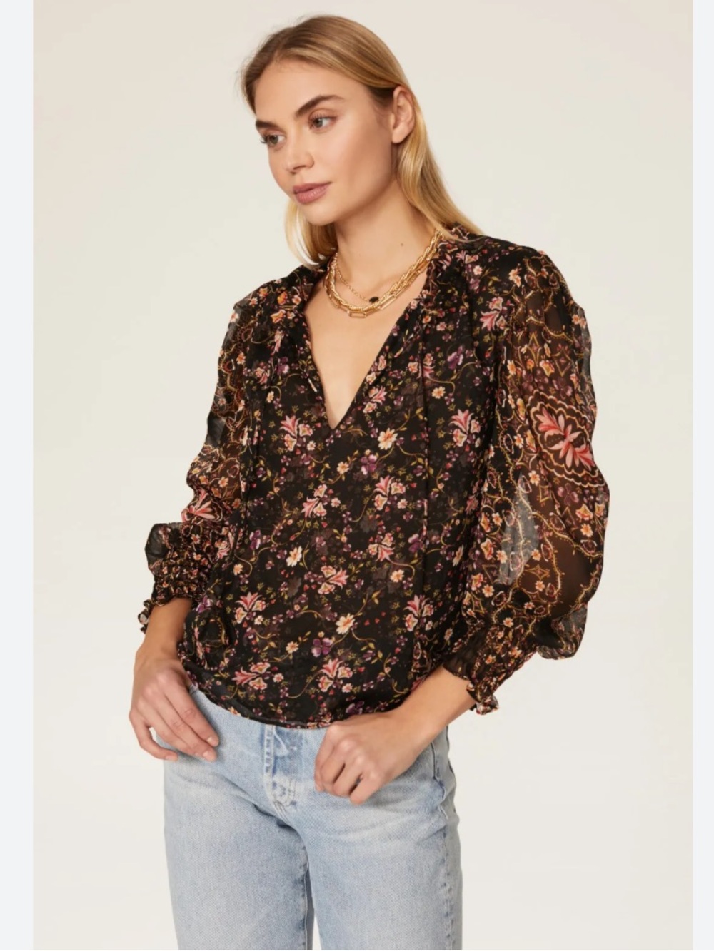 Misa Los Angeles Siena Chiffon Black Floral V-Neck Chiffon Blouse SZ S EUC